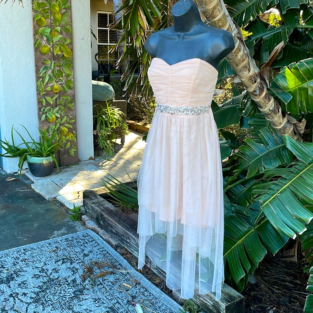 Strapless sheerhigh low dress with embellished, pearl and rhinesto…